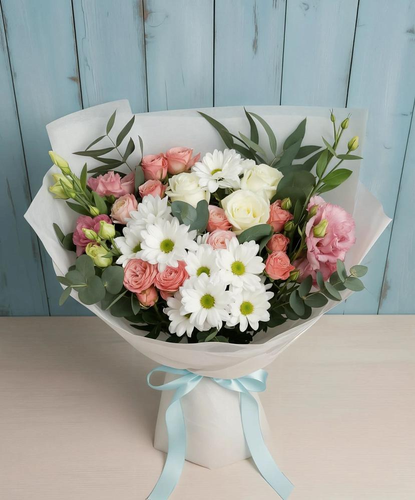 Букет цветов из: Розы, Лизиантусы и Хризантемы в Стерлитамаке