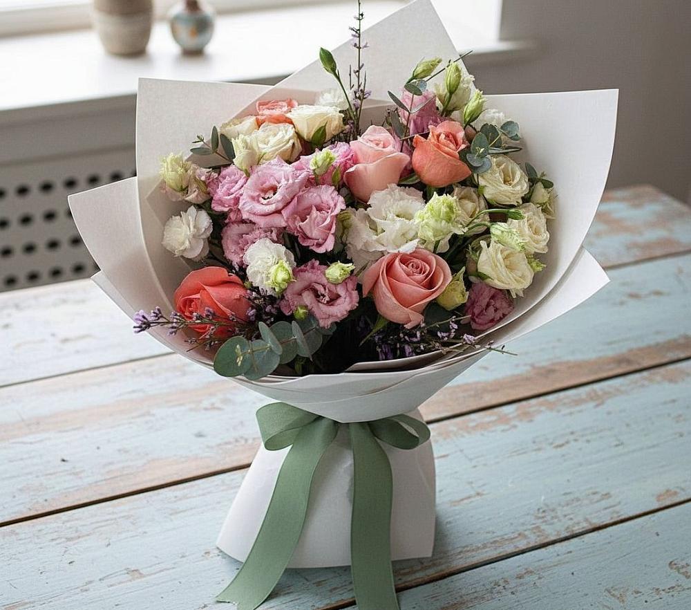 Букет цветов из: Розы, Лизиантусы и Гвоздики в Стерлитамаке