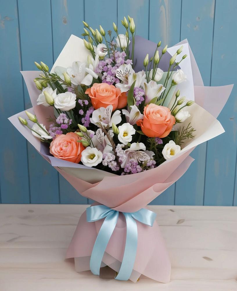 Букет цветов из: Лизиантусы, Розы, Альстромерии и Гипсофила в Стерлитамаке